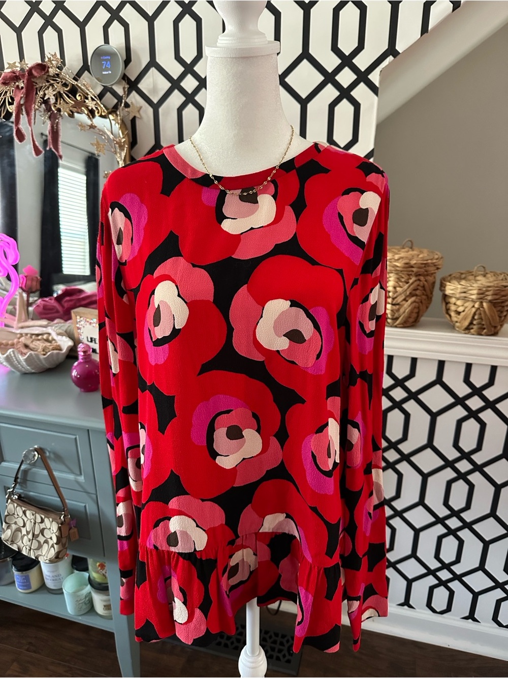 kate spade Red Floral Long-Sleeve Ruffle Hem Tunic Top with Pink Accents